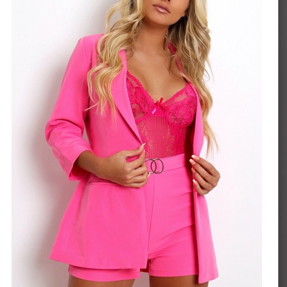 Neon Pink Two Piece Blazer and Shorts Suit